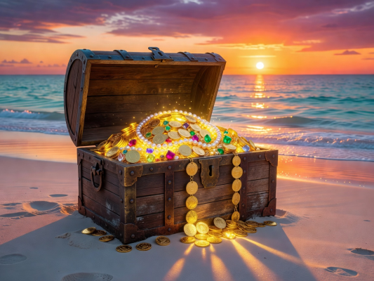 Glowing pirate treasure chest overflowing with gold on a beach at sunset