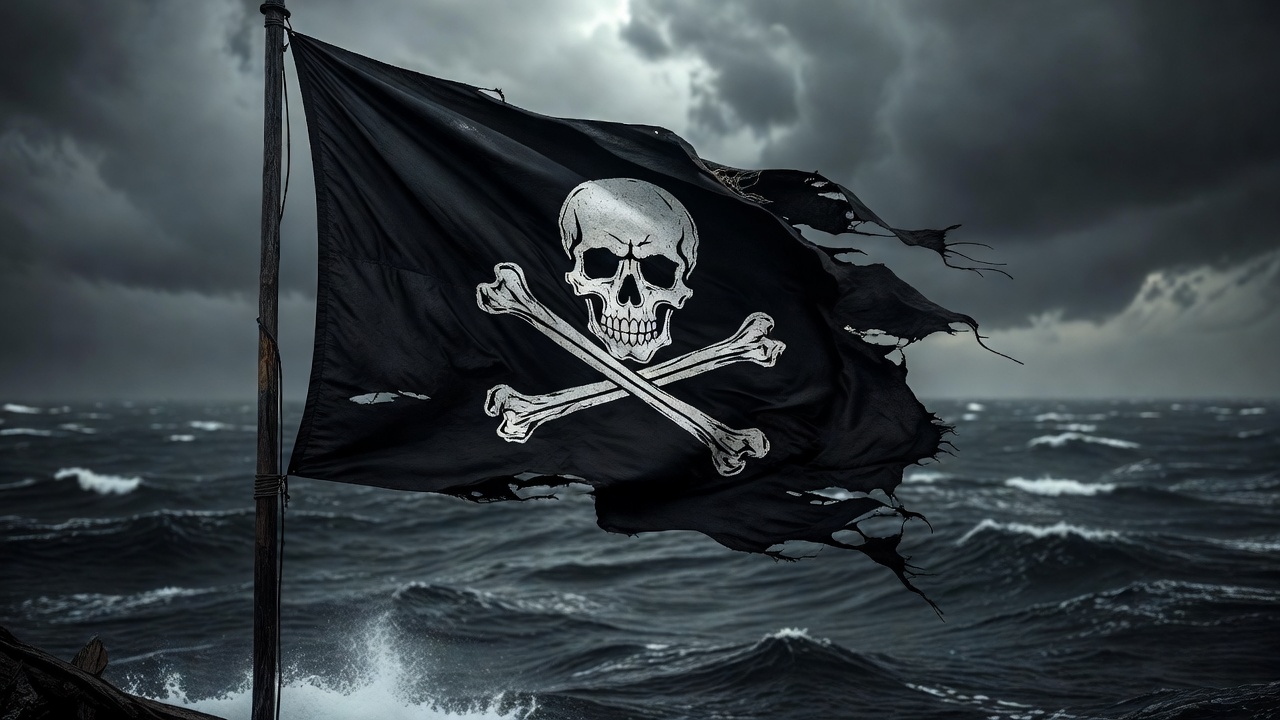 Jolly Roger pirate flag waving in the wind