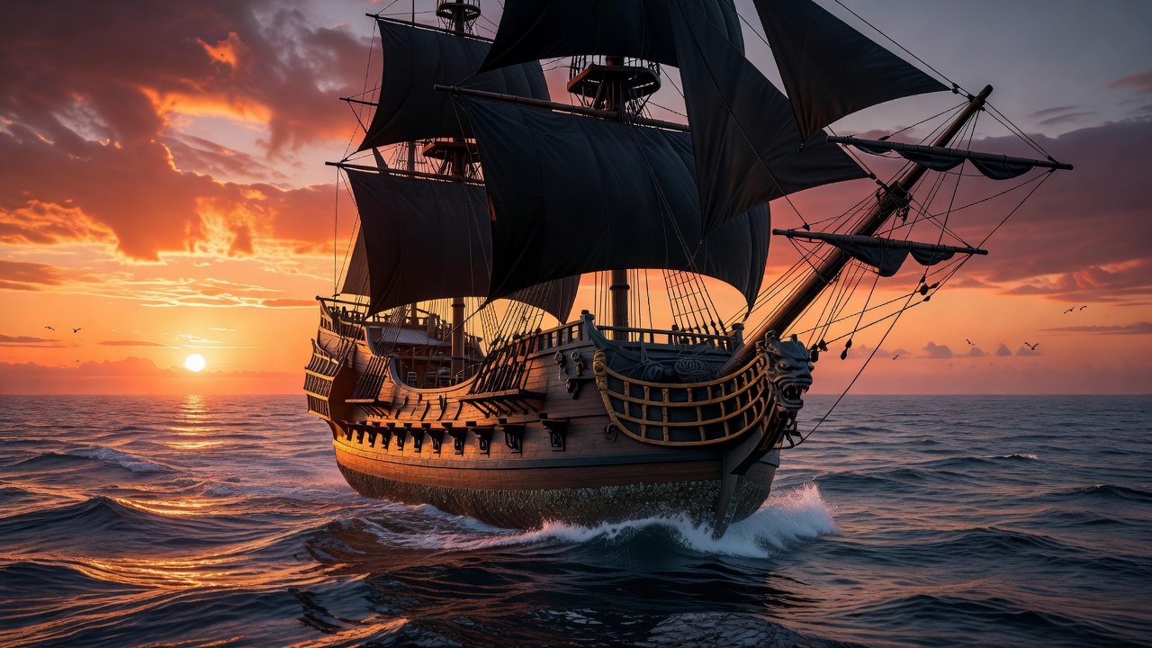 Majestic pirate galleon sailing the ocean at sunset