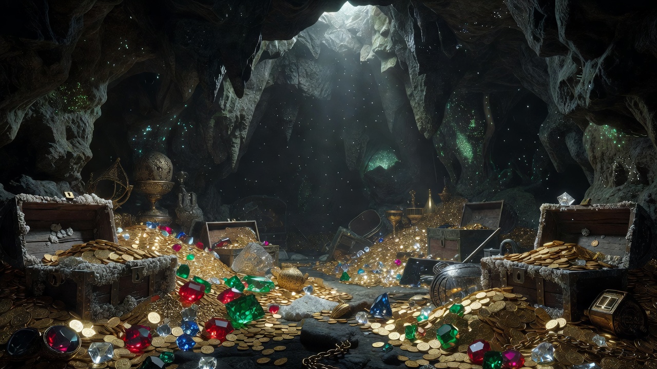 Mysterious pirate cave filled with gold coins and jewels