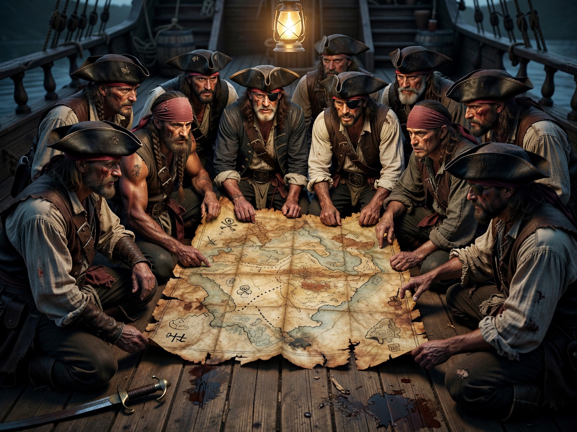 Pirate crew gathering around a weathered treasure map