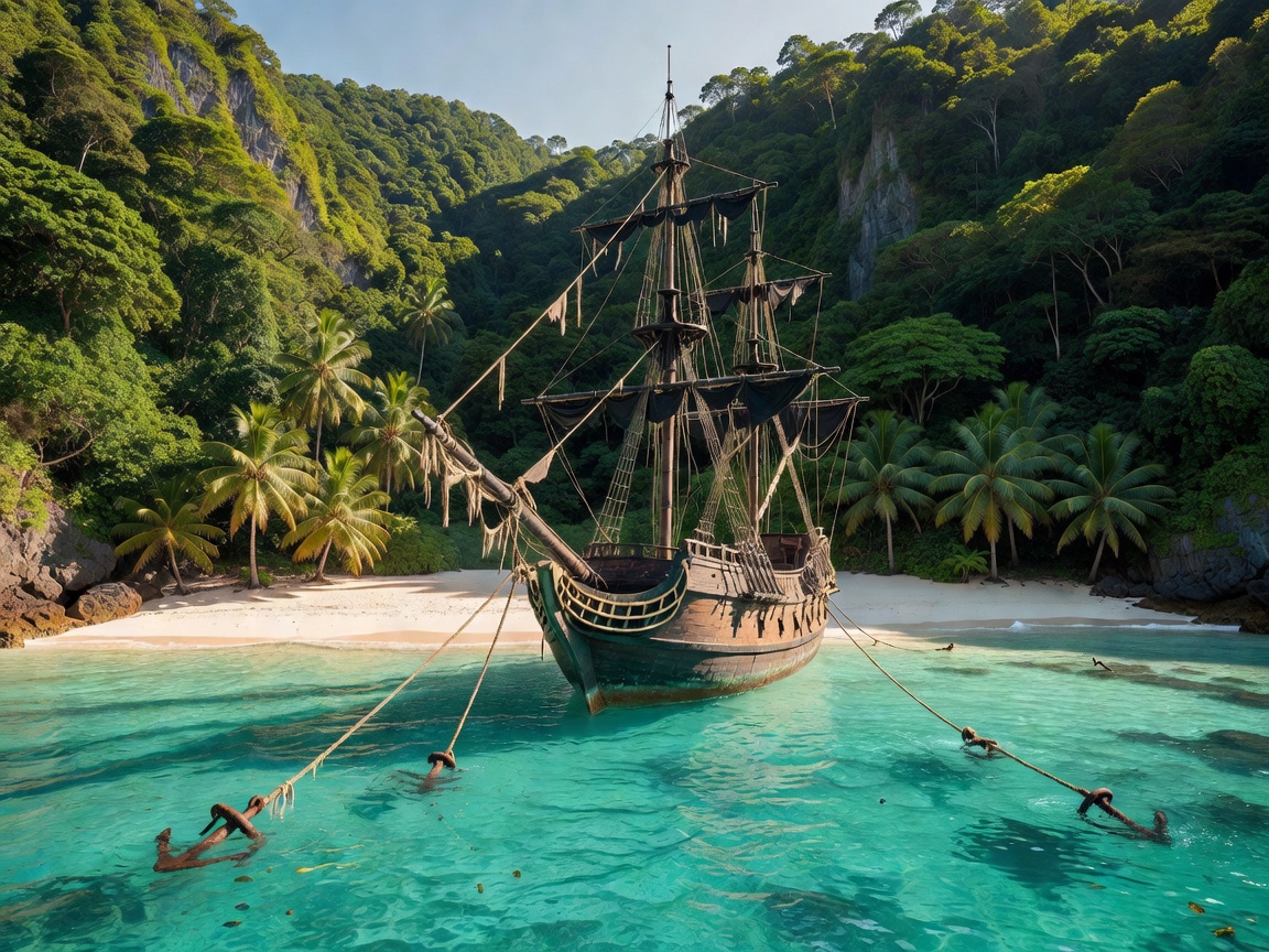 Pirate ship anchored in a hidden tropical cove